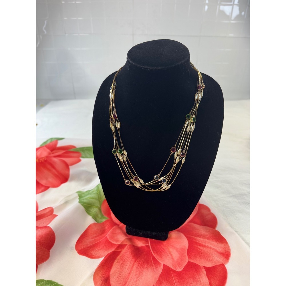 Vintage Multi Strand Gold Tone‎ Necklace with Faux Pearls and Colorful Crystals